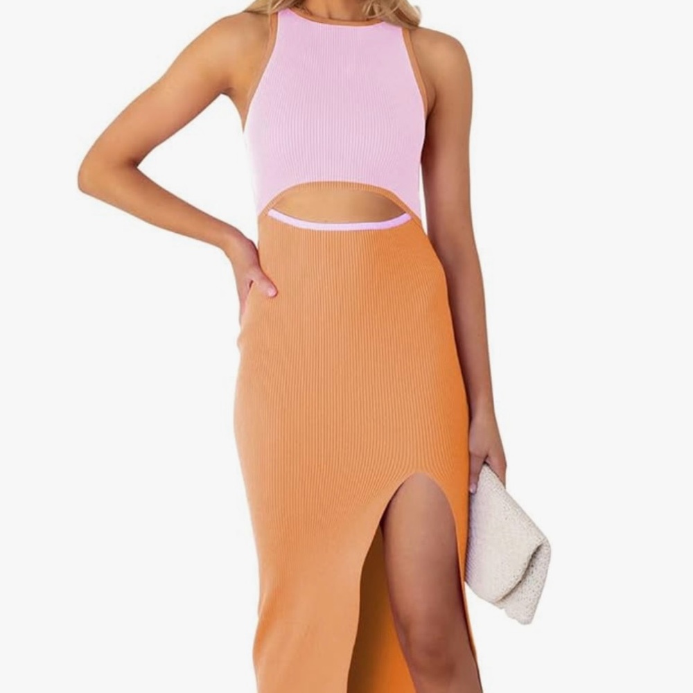 Orange & Pink Cut Out Dress with Slit
